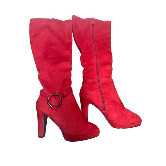 Coach & Four Womens Red Suede Mid-Calf Boots Size 7M With Hexagonal Buckle Detai - Picture 1 of 6